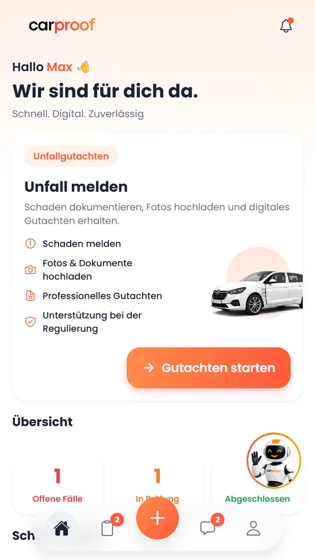 carproof App — Startseite mit Schadenmeldung