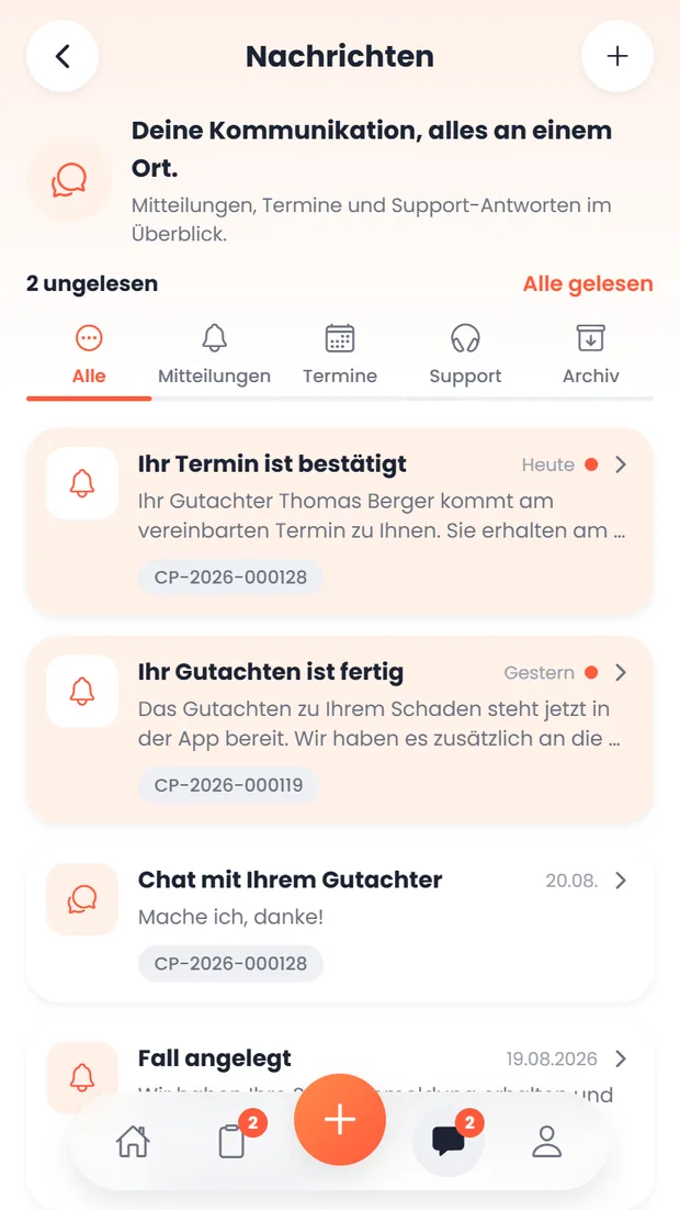 carproof App: Nachrichten-Postfach