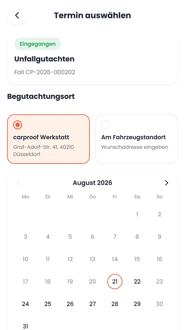 carproof App: Termin auswählen