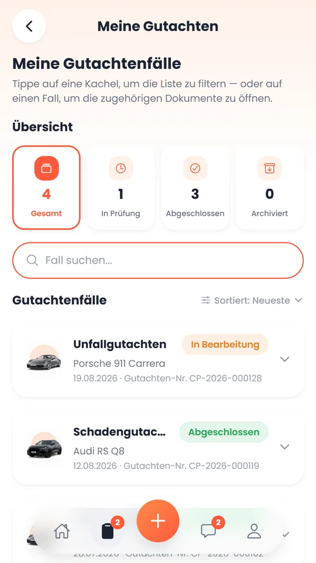carproof App: Übersicht der Gutachtenfälle