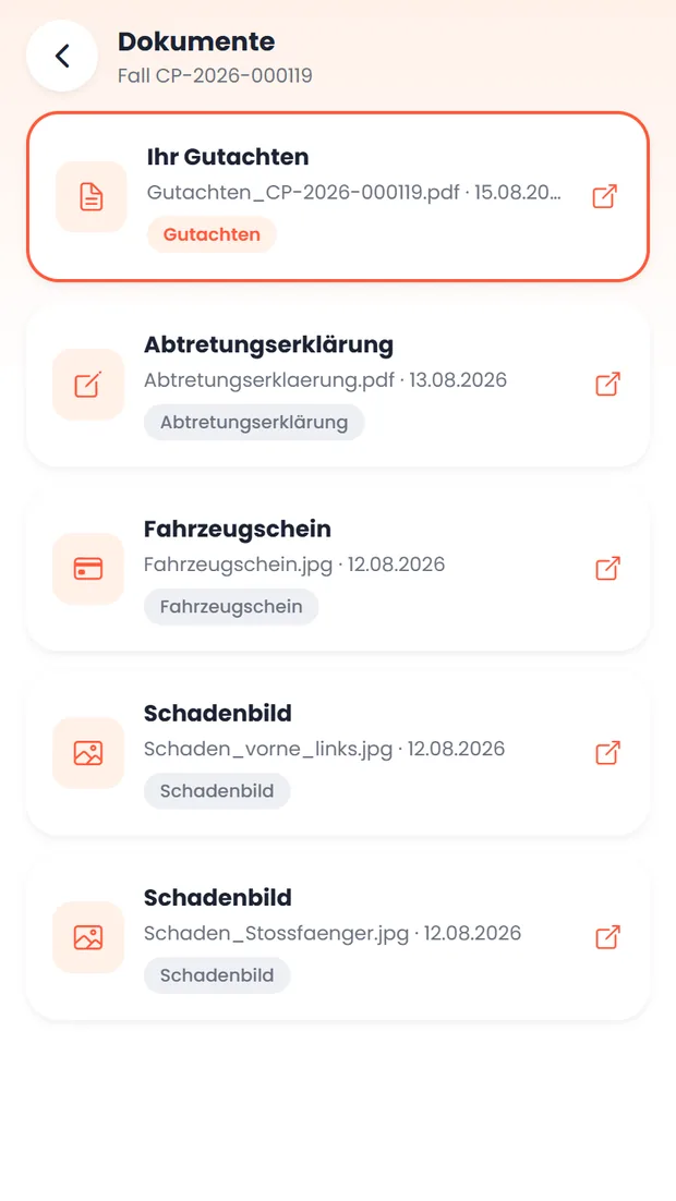 carproof App: Dokumente und Gutachten