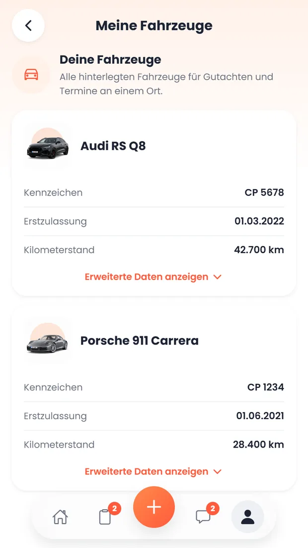 carproof App: Übersicht der Fahrzeuge